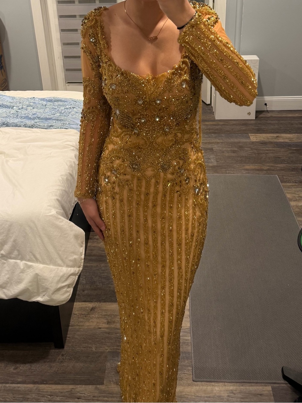 Gold Beaded Long-Sleeve Evening Gown